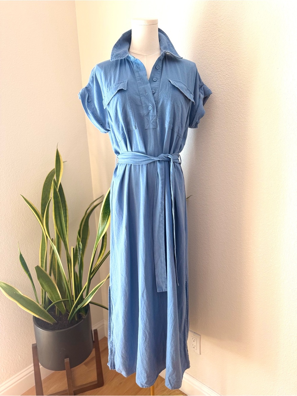 Calvin Klein Light Blue Maxi Shirt Dress with Tie Belt - Picture 2 of 9